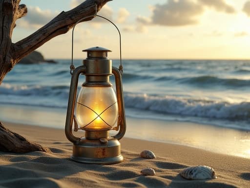 캠핑 랜턴, 랜턴, 캠핑 장비, 야외 장비, 고요하고 따뜻하며 자연스럽고 평화로운, 모래 해변 배경에 바다 파도가 부딪히고 지평선이 저녁으로 사라지는 모습.