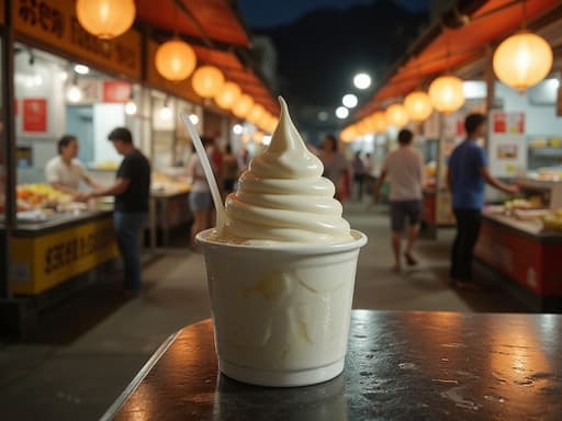 아이스크림, 디저트, 냉동식품, 음식, 활기차고 생동감 넘치며 따뜻한 밤 시장의 화려한 노점, 밝은 조명, 흐릿한 상인과 손님들, 걸려 있는 랜턴에서 나오는 따뜻한 빛.