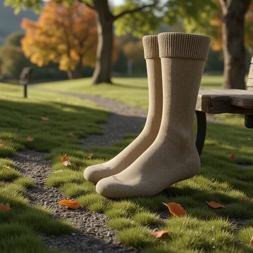 나무 벤치, 가구, 홈 데코, 좌석, 편안하고 자연스러운, 고요한, 야외, 잔디와 자갈 길이 있는 현대 도시 공원, 가을 잎사귀와 흐린 하늘.