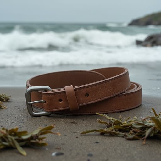 가죽 벨트, 액세서리, 패션, 의류, 극적인, 자연스러운, 역동적인, 우울한, 폭풍우 치는 해변 배경, 젖은 모래, 흩어진 해초, 부드러운 파도가 부서지는 모습, 역동적인 바다 물보라, 흐린 하늘, 확산된 빛.