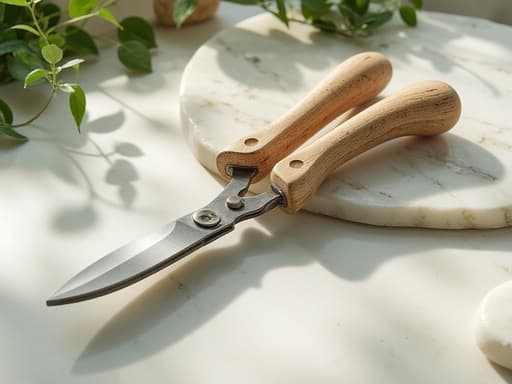 가위, 도구, 정원 도구, 원예 용품, 평온한, 유기적인 곡선이 있는 대리석 표면, 얼룩덜룩한 햇빛.