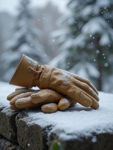 정원 장갑, 장갑, 정원 도구, 야외 장비, 차분하고 고요한 겨울, 사실적인, 눈 덮인 돌 ledge, 부드러운 눈발, 서리 낀 공기, 흐린 하늘.