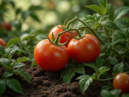 체리 토마토, 채소, 농산물, 음식, 고요하고 신선하며 자연스러운, 안개 낀 정원 배경에 이른 아침 빛과 대기 중의 안개.