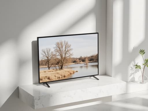 디지털 액자, 홈 데코, 전자제품, 액자, 차분하고 세련된 현대적인 느낌의 미니멀한 거실, 매끄러운 흰색 대리석 선반, 간단한 장식, 중립적인 색조.