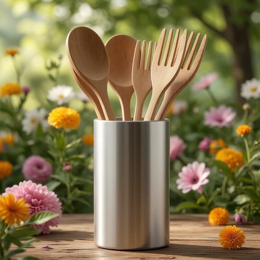 나무 숟가락, 주방 용품, 요리 도구, 주방 액세서리, 생동감 넘치고 평화로운 자연, 꽃이 만발한 정원, 고풍스러운 나무 테이블, 부드러운 햇빛, 점점이 드리운 그림자.