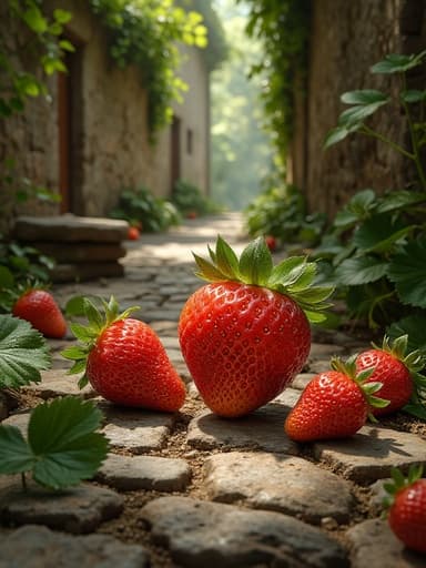 딸기, 과일, 음식, 농산물, 자연적이고 거친, 신선한, 거친 자갈길에 있는 자연광과 흩어진 돌, 오래된 벽돌.