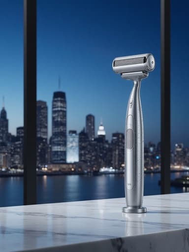 메탈릭 실버 전기 면도기, 개인 관리, 그루밍, 전자 제품, 세련되고 현대적이며 고요한, 아름다운 도시 야경이 흐릿하게 보이는 대리석 욕실 카운터, 큰 창.