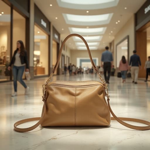 부드러운 가죽 미니 숄더백, 가방, 액세서리, 패션, 역동적이고 활기차며 생동감 넘치는, 번화한 쇼핑몰 풍경, 다듬어진 대리석 바닥, 유리 상점 반사, 움직이는 흐림 속의 쇼핑객들.