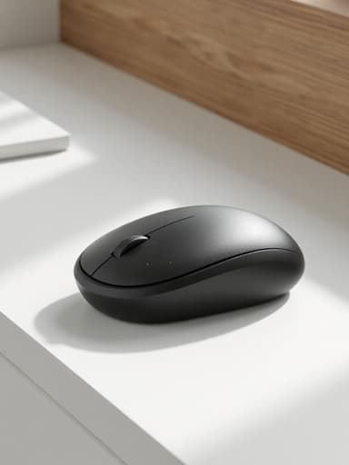 무선 마우스, 컴퓨터 액세서리, 전자기기, 기술, 차분하고 미니멀하며 세련된 분위기, 부드러운 흰색 테이블, 미세한 나무 결, 미니멀한 공간, 흐릿한 중립 색조.