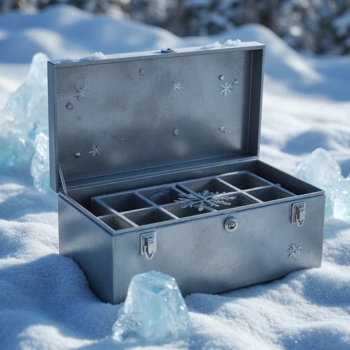 반지, 보석, 액세서리, 패션, 상쾌하고 차가운 현실감, 겨울 환경의 장식적인 얼음 조각들, 자연스러운 겨울 빛과 미세한 서리 디테일이 있는 장식적인 얼음 조각들 사이에 놓인 금속 도구 상자.