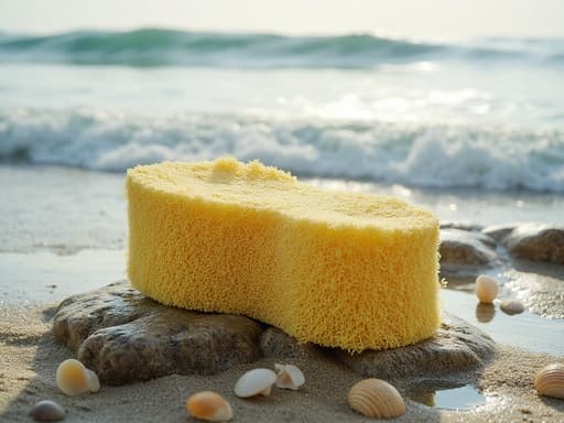 주방 스폰지, 청소 용품, 가정용품, 필수 가정 용품, 온화하고 자연스러운 평화로운 분위기, 햇빛이 비치는 해안의 바위와 거품이 이는 바다 물결, 흠뻑 젖은 모래와 흩어진 조개껍질, 흐린 하늘.