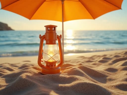 캠핑 랜턴, 야외 장비, 캠핑 기어, 따뜻하고 편안하며 여름 같은, 따뜻한 석양 아래의 생기 넘치는 여름 비치 파라솔 아래의 모래 해변.