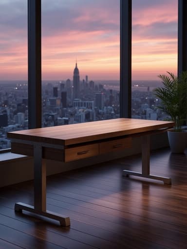 현대적인 공부 책상, 가구, 홈 오피스 가구, 책상, 아늑하고 따뜻하며 세련된, 황혼의 도시 스카이라인, 따뜻한 오렌지와 분홍색 톤의 건물.