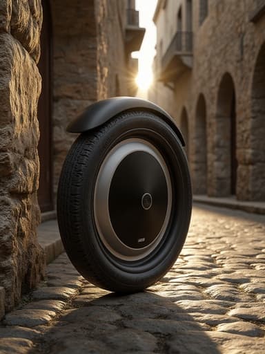 전기 이동 휠, 이동성, 교통수단, 따뜻하고 역사적인, 역동적이며 진정한, 이탈리아 광장의 고풍스러운 돌길과 고대 건축 배경.