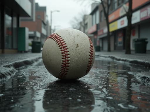 야구공, 스포츠 장비, 스포츠 용품, 야외 활동, 우울하고 반영적인 현실적, 젖은 도시 거리, 포장도로에 흩어져 있는 빗방울, 물웅덩이에 비친 모습, 흐린 하늘.
