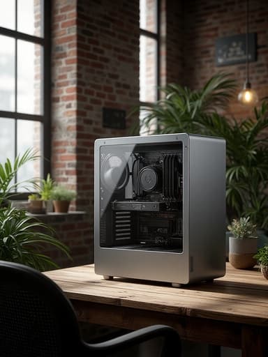 데스크탑 PC, 컴퓨터, 전자기기, 기술, 아늑한 도시 분위기, 로프트 스타일 아파트, 큰 산업용 창문, 오래된 나무 책상.