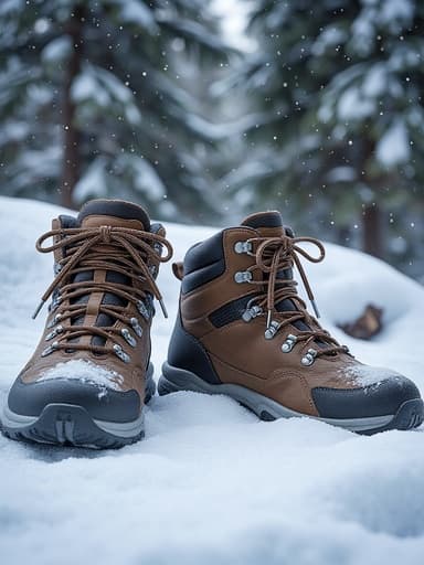 하이킹 부츠, 의류, 신발, 야외 장비, 자연스럽고 고요하며 상쾌한, 눈 덮인 겨울 풍경, 흐릿한 소나무, 상쾌한 흰 눈더미.