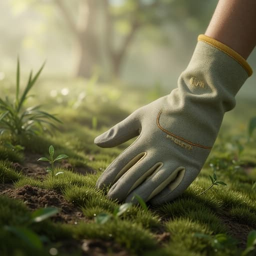 정원 장갑, 의류, 원예 액세서리, 야외 장비, 온화하고 평화로운, 자연적인, 아침 이슬이 맺힌 안개 낀 아침 풍경.