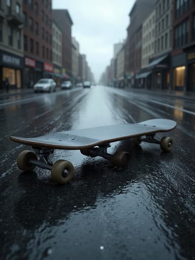 스케이트보드, 스포츠 장비, 야외 활동, 레크리에이션 아이템, 음침한 분위기, 비에 젖은 도시 거리, 젖은 아스팔트 반사, 흐린 하늘.