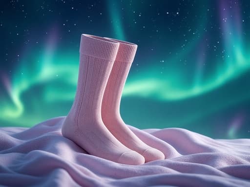 슬립 양말, 의류, 의상, 액세서리, 신비로운 분위기, 오로라가 가득한 밤하늘, 빛나는 초록색과 보라색의 띠, 흩어진 별들.