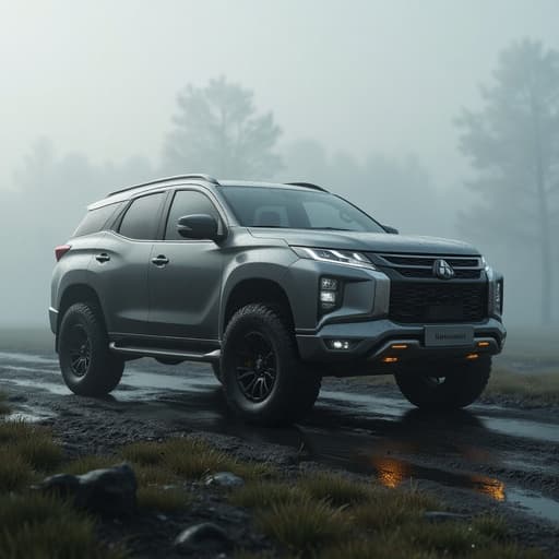 SUV, 차량, 자동차, 교통, 온화하고 신비로운, 고요한, 짙은 아침 안개, 확산된 자연광, 흐릿한 분위기, 희미한 이슬, 안개 속에 있는 세련된 SUV 차량, 광택 있는 마감과 사실적인 반사.