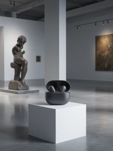 무선 이어폰, 전자 기기, 오디오 장비, 개인 기기, 세련되고 현대적이며 미니멀한, 미술관 내부, 미니멀리즘 조각대, 광택이 나는 콘크리트 바닥, 현대 미술 환경.