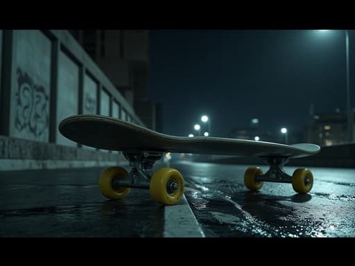 스케이트보드, 스포츠 장비, 야외 레크리에이션, 여가 활동, 시원하고 도시적인, 역동적이고 자연스러운, 세부적인, 도시의 밤, 멀리 있는 도시의 불빛, 젖은 포장도로, 부드러운 가로등 빛, 그림자, 콘크리트, 희미한 그래피티.