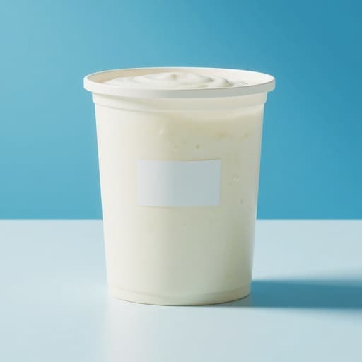 요거트, 유제품, 음식, 식료품, 신선하고 매력적이며 자연스러운, 미세한 그림자와 반사가 있는 파란색 그라데이션 배경.