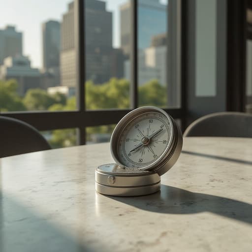 시계, 가정 장식, 가구, 가정용품, 고급스럽고 편안하며 세련된, 대리석 야외 레스토랑 테라스 테이블, 오후의 햇빛, 흐릿한 도시 풍경, 반사 유리 패널.