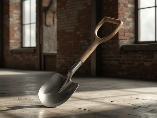 정원 삽, 도구, 원예, 야외 장비, 산업적이고 소박하며 따뜻한 자연광, 대형 산업 창문과 벽돌 벽, 질감 있는 바닥이 있는 로프트 스타일 아파트.