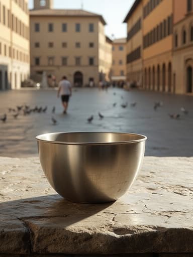 스테인리스 믹싱 볼, 믹싱 볼, 주방용품, 가정용품, 따뜻하고 현실적인, 이탈리아 광장의 돌 테이블, 먼 건축물, 비둘기, 오후의 햇살.