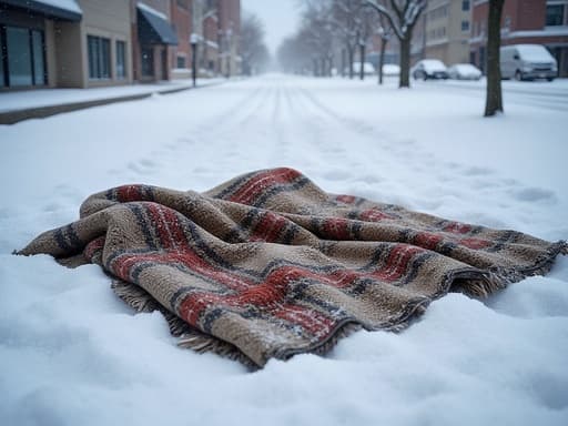 피크닉 담요, 야외 장비, 여가 제품, 겨울스럽고 고요하며 자연스러운, 눈 덮인 도시 거리, 흐린 겨울 하늘, 서리 낀 공기.