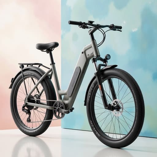 전기 자전거, 자전거, 차량, 교통수단, 현대적인 우아함, 역동적인 생동감, 부드럽게 혼합된 색조와 역동적인 붓질이 있는 추상적인 색상 배경.