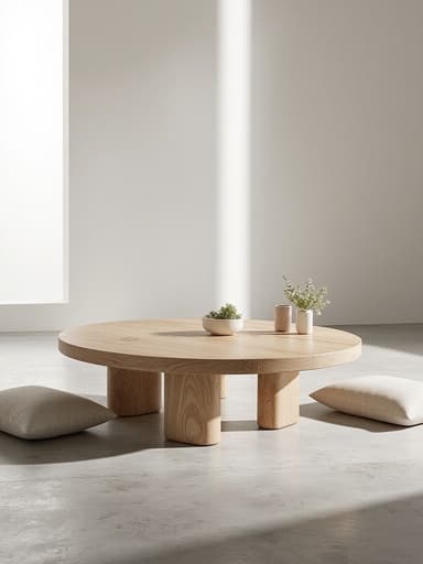 로우 테이블, 가구, 홈 데코, 인테리어 디자인, 고요하고 평화로운 미니멀리즘, 미니멀한 스튜디오, 중립적인 색조, 콘크리트 바닥, 큰 창, 간결한 장식.