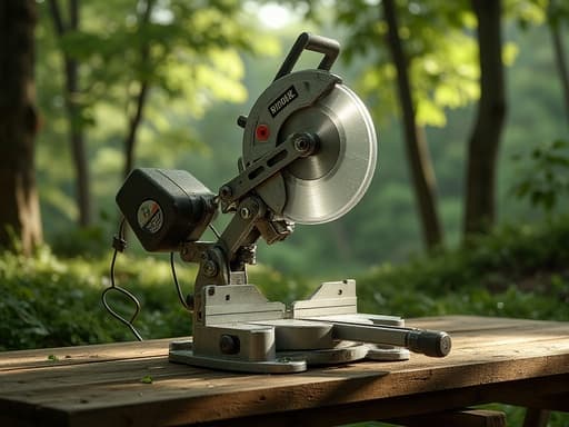 각도 절단기, 도구, 전동 공구, 톱, 온화하고 신선하며 자연스럽고 고요한, 견고한 나무 작업대, 무성한 녹색 숲, 나무 사이로 스며드는 아침 빛, 안개 낀 분위기.