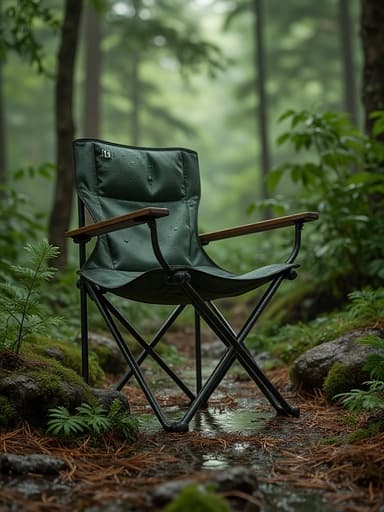 캠핑 의자, 의자, 야외 가구, 캠핑 장비, 고요하고 자연스러운 몰입감, 비 오는 숲속의 땅, 소나무 바늘, 흩어진 돌, 가벼운 안개, 빽빽한 비에 젖은 숲, 무성한 초록 잎.
