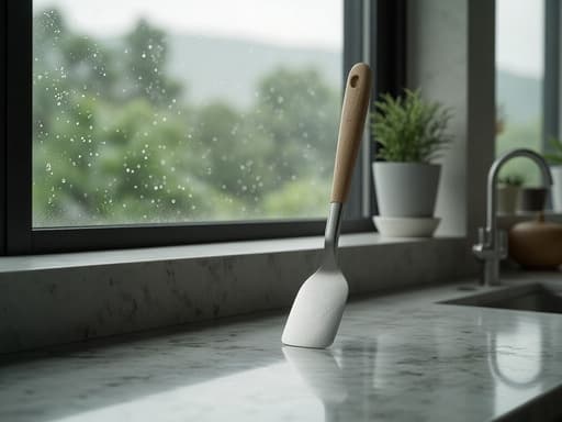 흰색 주방 싱크대, 주방, 홈 인테리어, 가정 및 정원, 고요하고 아늑한 환경, 창문에 떨어지는 빗방울, 흐린 하늘, 부드럽고 확산된 자연광이 들어오는.