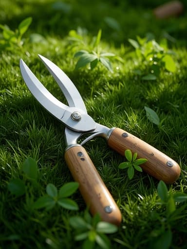 정원 가위, 도구, 원예 장비, 야외 용품, 신선하고 평화로운 자연, 신선한 풀밭, 아침 이슬, 잎 사이로 스며드는 햇빛, 부드러운 그림자.