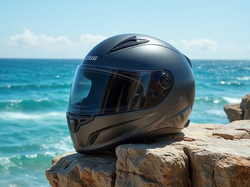 스포츠 헬멧, 헬멧, 스포츠 장비, 야외 장비, 따뜻한 분위기, 부드러운 햇살, 약간의 바닷물 안개, 여름의 청록색 바다를 바라보는 바위 절벽의 가장자리, 아래로 부서지는 파도, 맑은 파란 하늘.