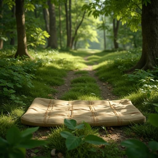 피크닉 매트, 홈 및 가든, 야외 생활, 여가 제품, 생기 넘치고 자연스러운 평화로운, 울창한 녹색 숲길, 여름 풍경, 점점이 비치는 햇빛, 흩어진 나뭇잎.