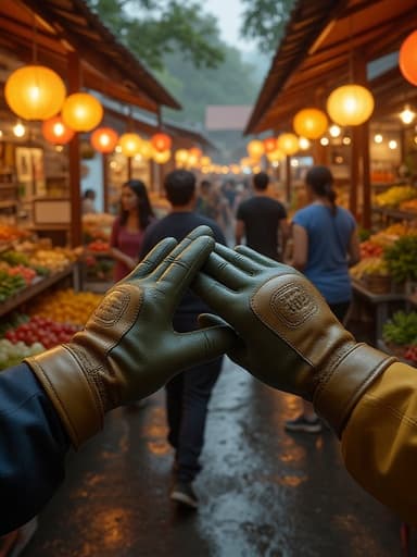 정원 장갑, 장갑, 원예 도구, 야외 장비, 활기차고 분주하며 따뜻한, 밤 시장 거리, 화려한 가판대, 부드러운 그림자를 드리우는 따뜻한 랜턴의 빛, 북적이는 군중.