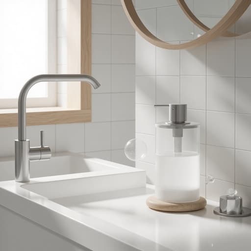 버블 디스펜서, 욕실 액세서리, 홈 필수품, 가정용 품목, 부드럽고 평온한, 깨끗하고 미니멀한, 미니멀한 욕실 세면대, 스칸디나비아 스타일의 집, 흰색과 연한 회색 장식, 나무 악센트, 세라믹 타일.
