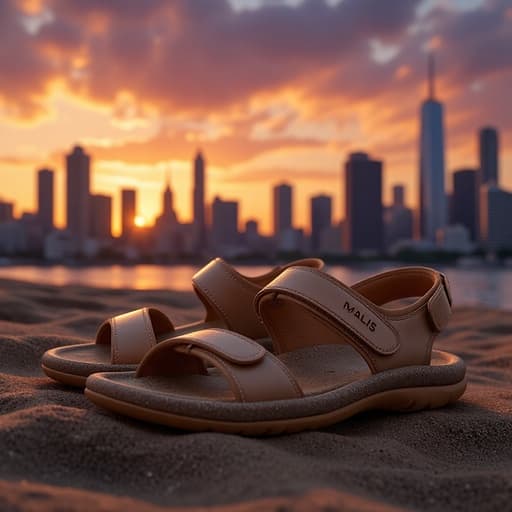 해변 샌들, 신발, 의류, 의류, 따뜻하고 부드러운 빛, 황혼의 도시 스카이라인과 실루엣의 고층 빌딩, 깊은 오렌지와 보라색 색조.