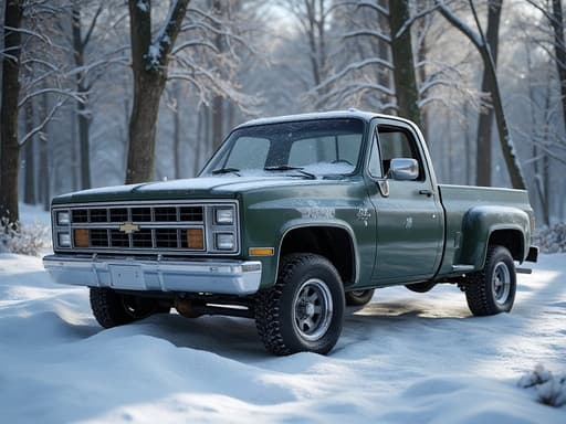 작은 트럭, 차량, 운송, 자동차, 고요하고 겨울 같은, 고요한 겨울 숲, 잎이 없는 나무, 부드럽게 내리는 눈.