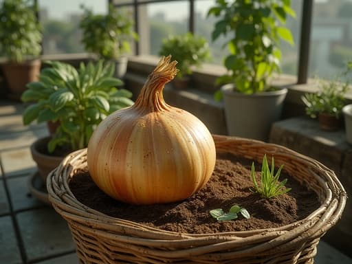 신선한 양파, 채소, 농산물, 식료품, 자연스럽고 평화로운, 도시 옥상 정원, 콘크리트 타일, 금속 난간, 유리 화분.