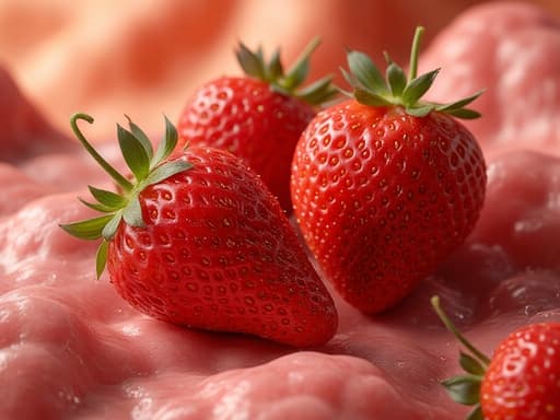 신선한 딸기, 농산물, 과일, 음식, 생기 넘치고 신선하며 예술적인, 추상적인 다채로운 배경, 부드러운 그라데이션, 따뜻한 톤.
