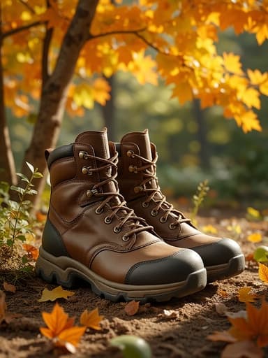 하이킹 부츠, 신발, 의류, 야외 장비, 자연적인 느낌의 상쾌한 공기, 가을 정원, 생생한 가을 잎, 가지 사이로 비치는 햇빛, 바닥에 떨어진 잎.