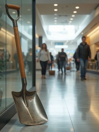 정원 삽, 도구, 원예, 야외 장비, 역동적이고 분주하며 활기찬 분위기, 번화한 쇼핑몰 배경, 유리 진열대, 타일 바닥의 반사, 흐릿한 인파.