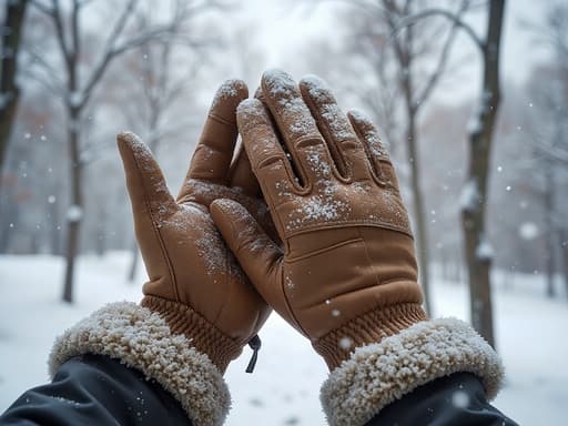 겨울 정원 장갑, 장갑, 의류, 액세서리, 고요하고 상쾌하며 평화로운, 눈에 덮인 겨울 풍경, 부드럽게 내리는 눈송이, 앙상한 가지, 흐릿한 회색 하늘.