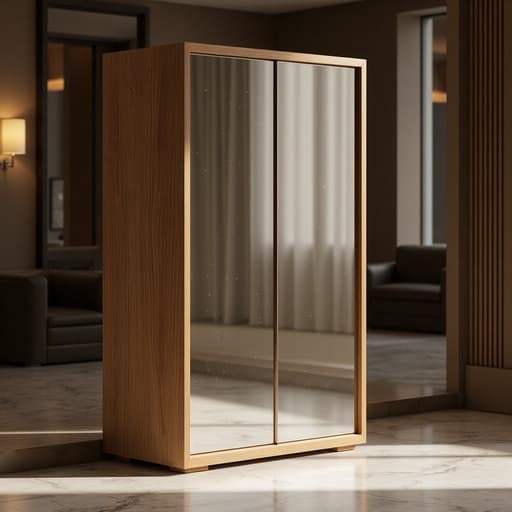 거울, 가구, 홈 데코, 인테리어 액세서리, 따뜻하고 세련된, 고급스러운, 고급 호텔 로비, 광택이 나는 대리석 바닥, 푹신한 좌석, 반사 유리 표면.